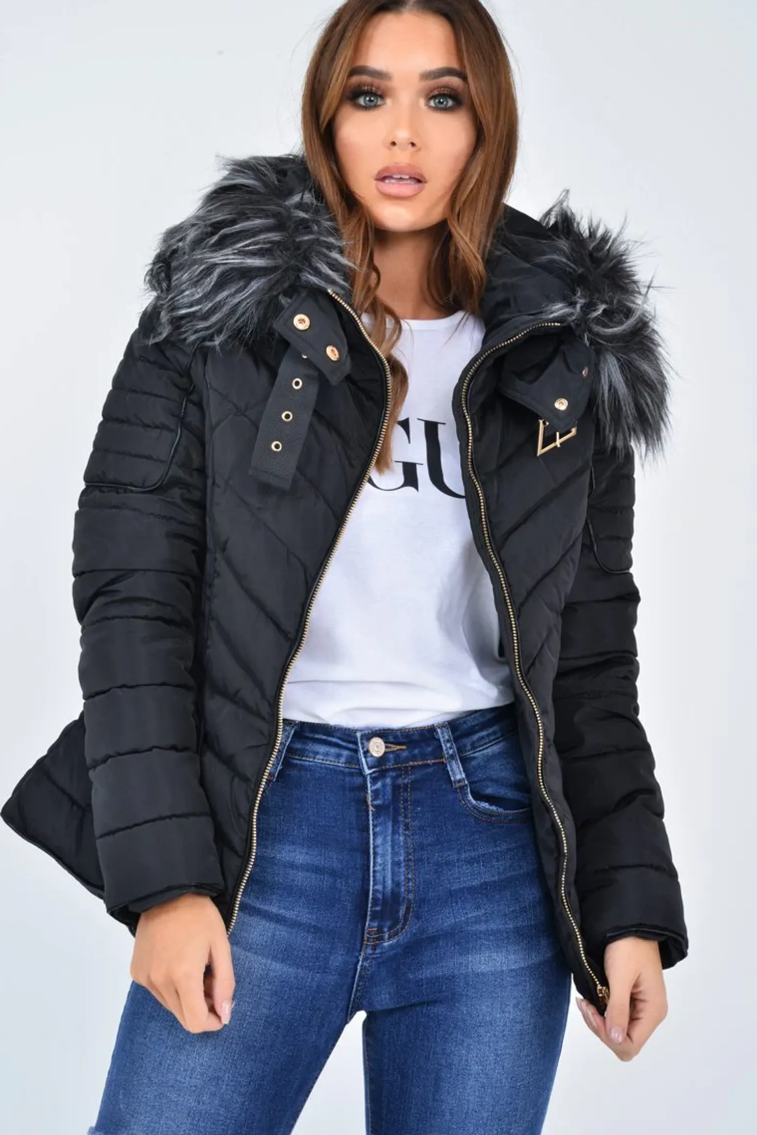 Rebellious Fashion Black Faux Fur Hood Gold Detail Puffer Coat - Rylah