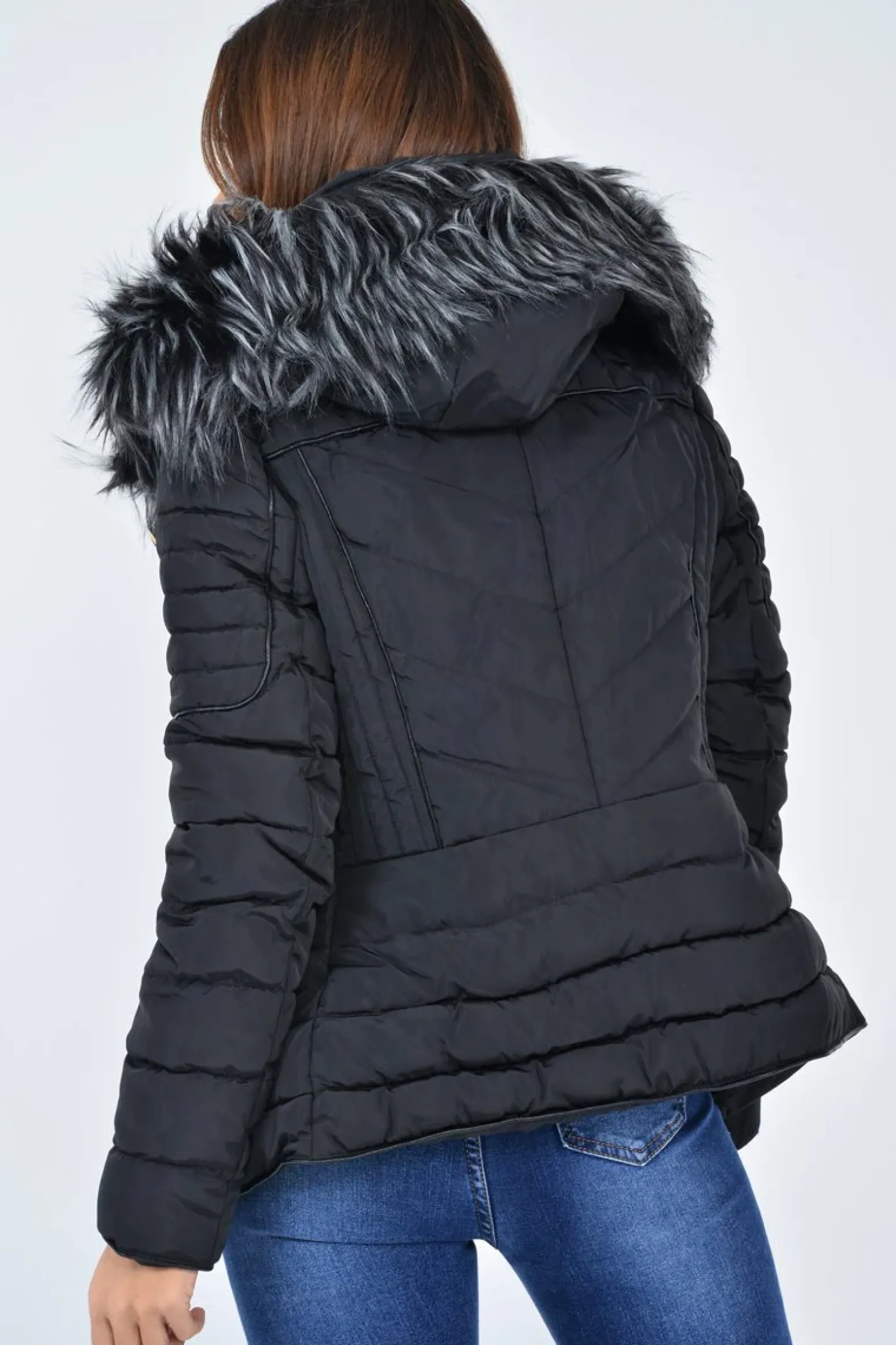 Rebellious Fashion Black Faux Fur Hood Gold Detail Puffer Coat - Rylah