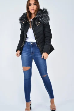 Rebellious Fashion Black Faux Fur Hood Gold Detail Puffer Coat - Rylah