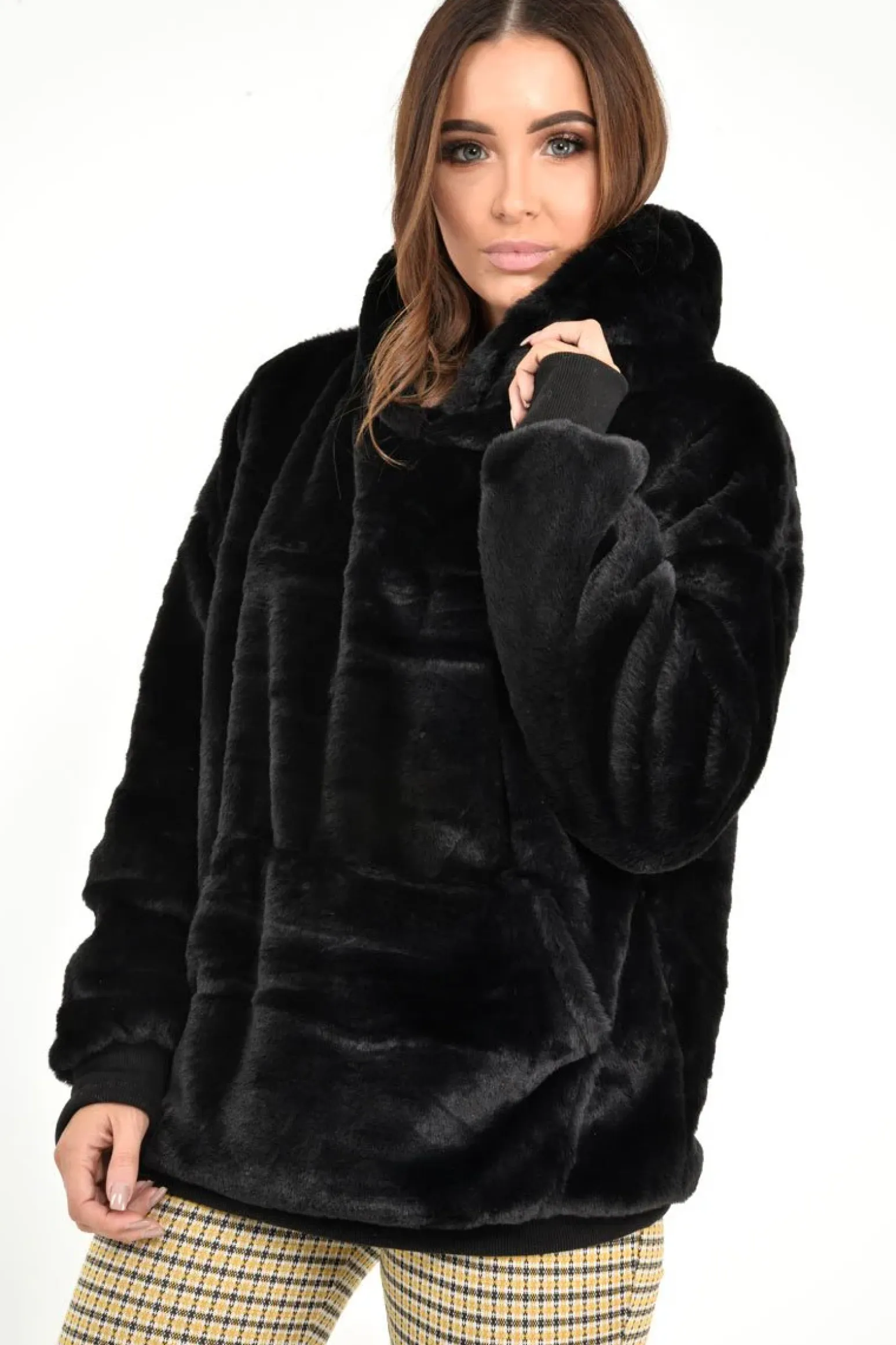 Rebellious Fashion Black Faux Fur Pocket Front Hoodie - Madi