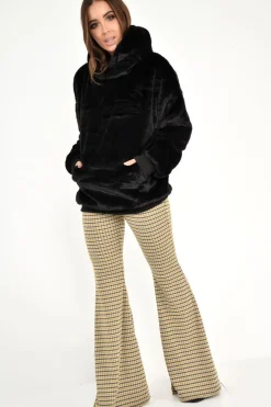 Rebellious Fashion Black Faux Fur Pocket Front Hoodie - Madi