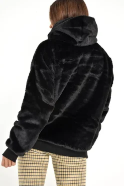 Rebellious Fashion Black Faux Fur Pocket Front Hoodie - Madi