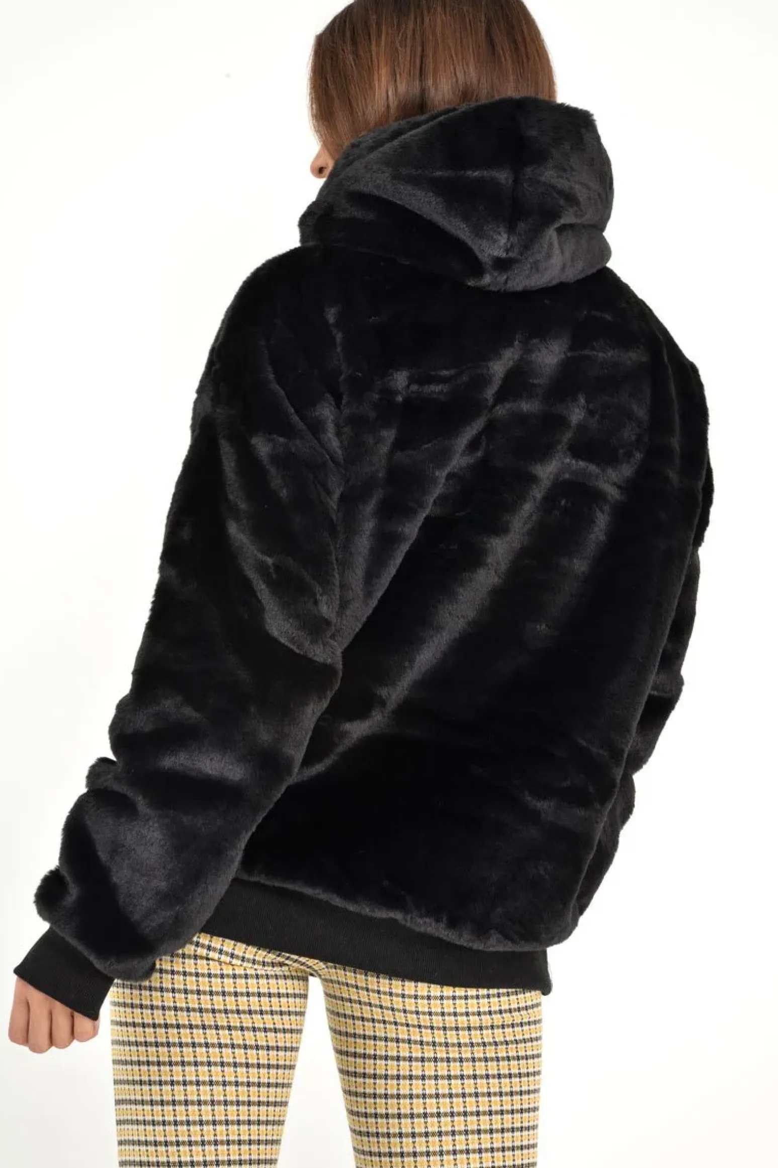 Rebellious Fashion Black Faux Fur Pocket Front Hoodie - Madi