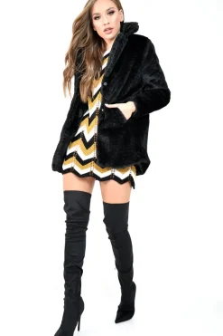 Rebellious Fashion Black Faux Fur Popper Button Coat - Clarisa