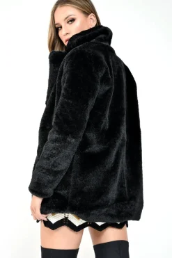 Rebellious Fashion Black Faux Fur Popper Button Coat - Clarisa