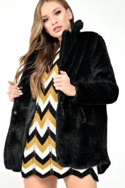 Rebellious Fashion Black Faux Fur Popper Button Coat - Clarisa