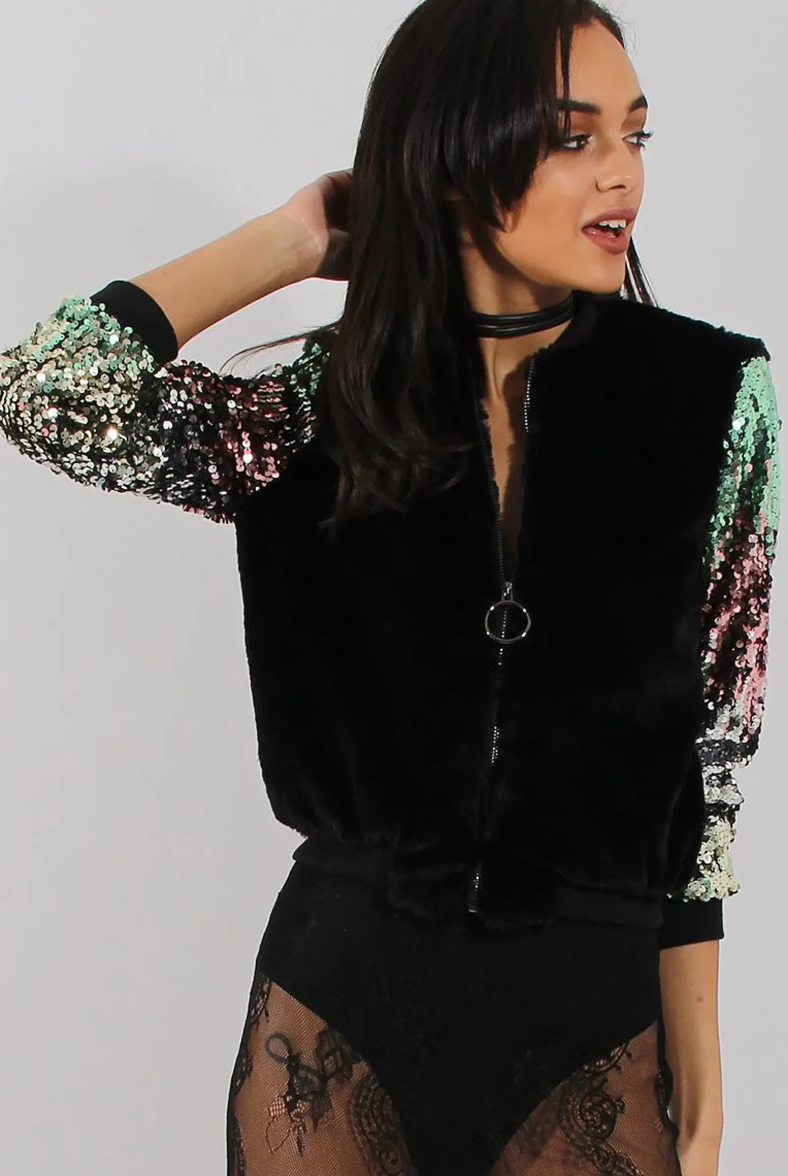 Rebellious Fashion Black Faux Fur Sequined Bomber - Deana