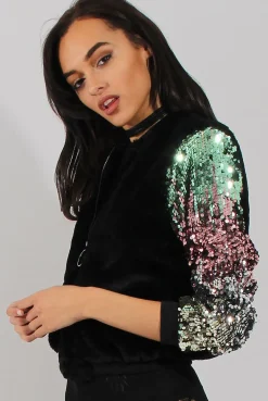 Rebellious Fashion Black Faux Fur Sequined Bomber - Deana