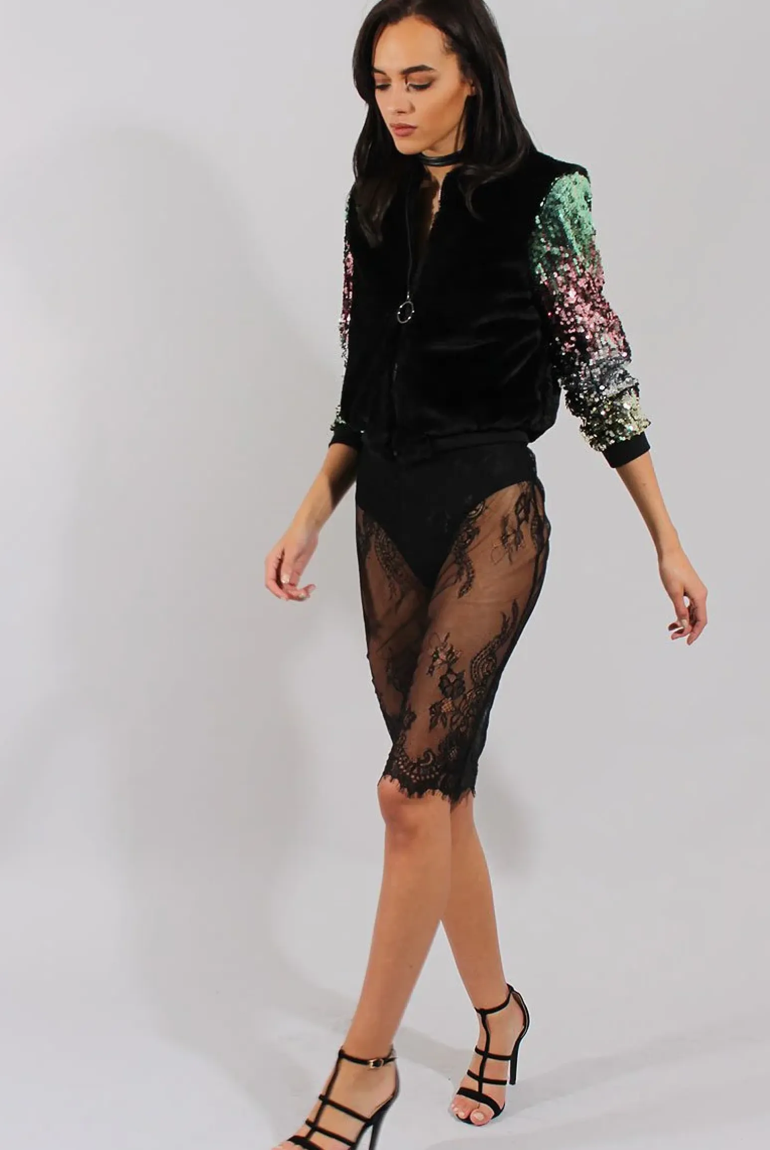 Rebellious Fashion Black Faux Fur Sequined Bomber - Deana