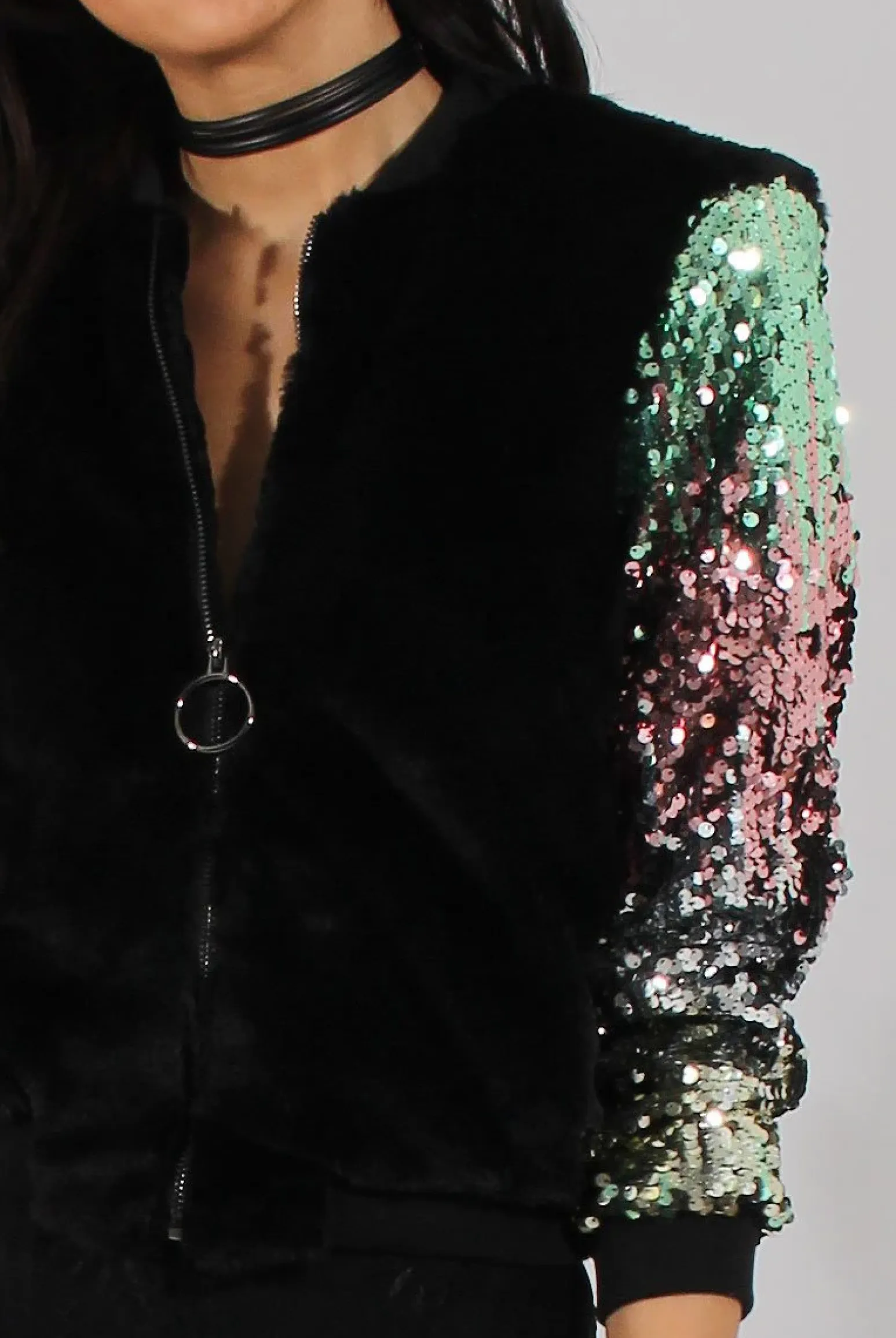 Rebellious Fashion Black Faux Fur Sequined Bomber - Deana
