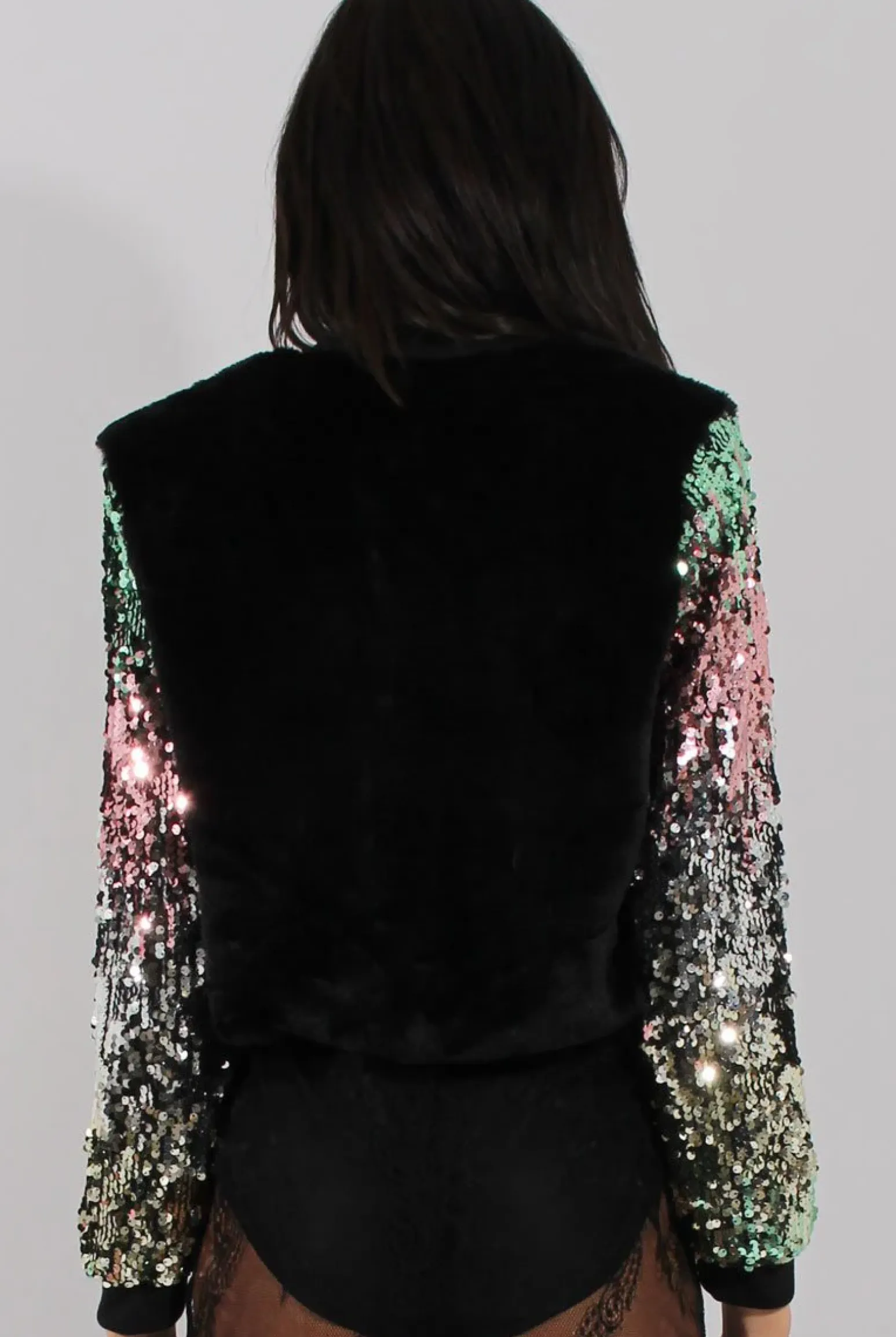 Rebellious Fashion Black Faux Fur Sequined Bomber - Deana