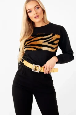 Rebellious Fashion Black Faux Fur Tiger Print Front Cropped Jumper - Suzie
