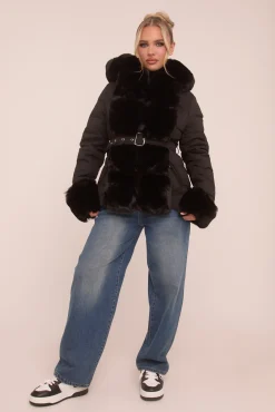 Rebellious Fashion Black Faux Fur Trim Hooded Puffer Jacket - Betty