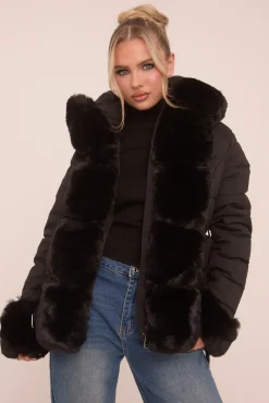 Rebellious Fashion Black Faux Fur Trim Hooded Puffer Jacket - Betty
