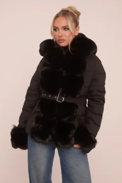 Rebellious Fashion Black Faux Fur Trim Hooded Puffer Jacket - Betty