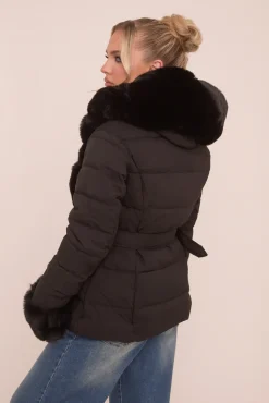 Rebellious Fashion Black Faux Fur Trim Hooded Puffer Jacket - Betty