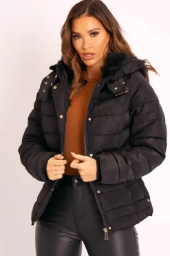 Rebellious Fashion Black Faux Fur Trim Hood Padded Coat - Jessabelle