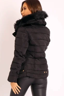 Rebellious Fashion Black Faux Fur Trim Hood Padded Coat - Jessabelle