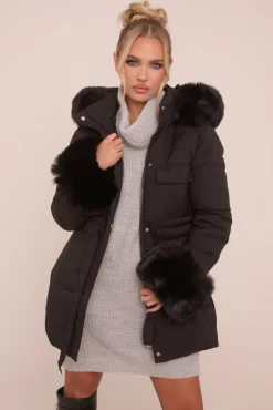 Rebellious Fashion Black Faux Fur Trim Longline Puffer Jacket - Candy