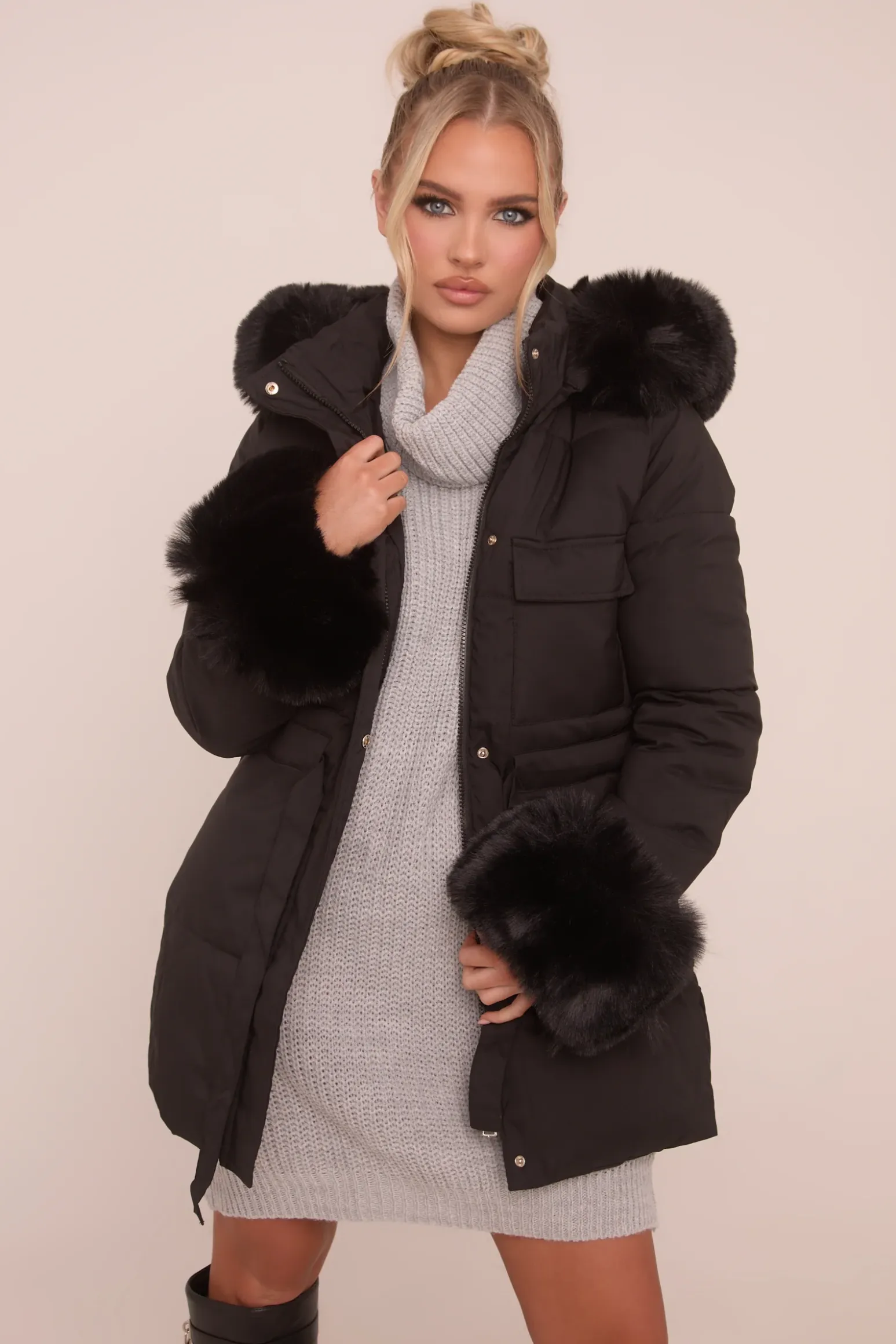 Rebellious Fashion Black Faux Fur Trim Longline Puffer Jacket - Candy