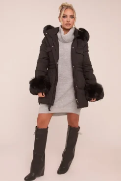 Rebellious Fashion Black Faux Fur Trim Longline Puffer Jacket - Candy