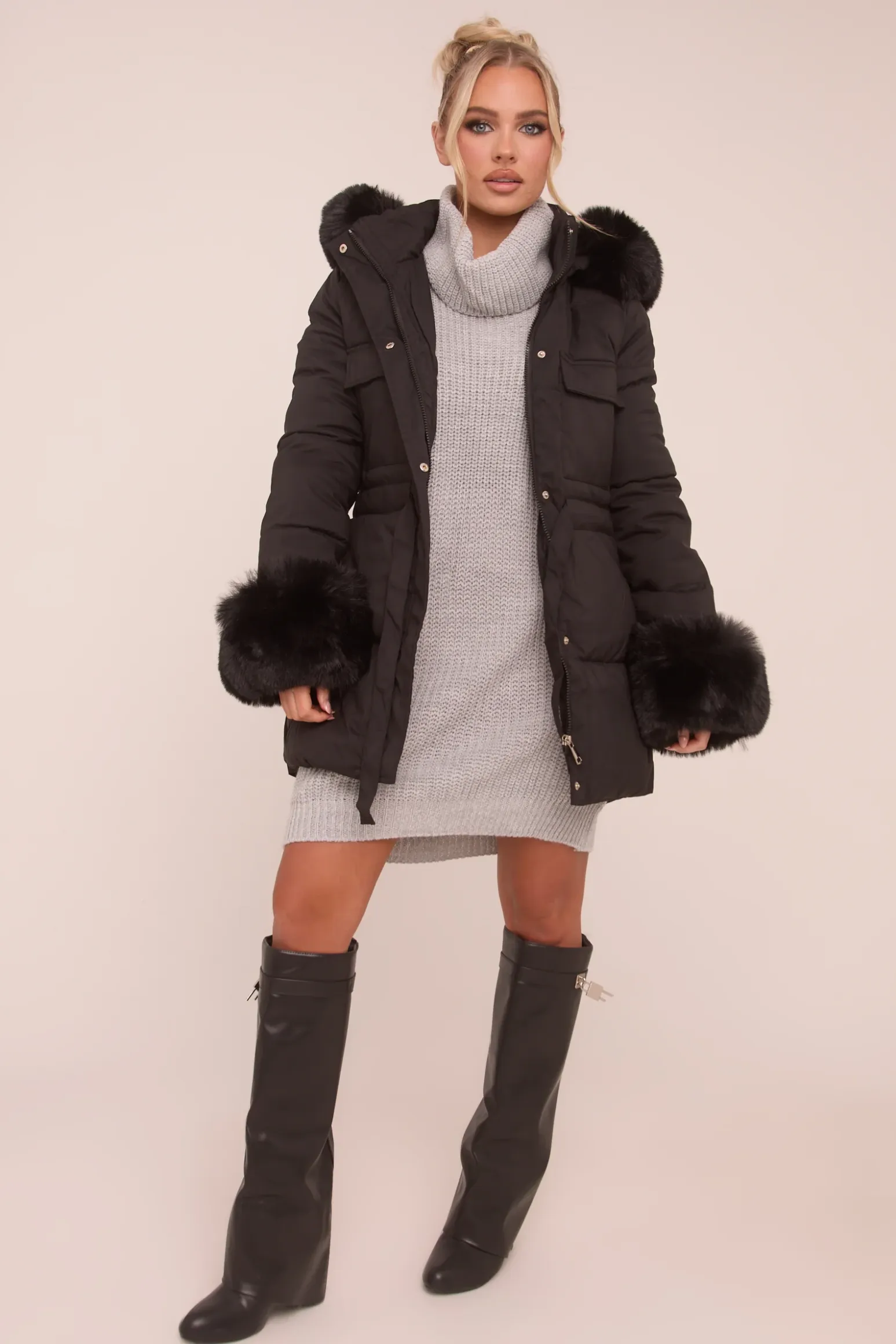 Rebellious Fashion Black Faux Fur Trim Longline Puffer Jacket - Candy