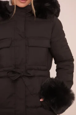 Rebellious Fashion Black Faux Fur Trim Longline Puffer Jacket - Candy