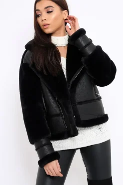 Rebellious Fashion Black Faux Leather And Fur Jacket - Rhea
