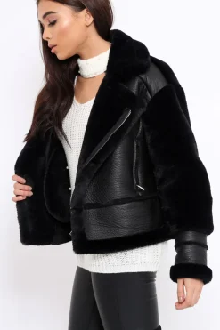 Rebellious Fashion Black Faux Leather And Fur Jacket - Rhea