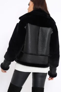 Rebellious Fashion Black Faux Leather And Fur Jacket - Rhea