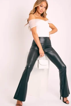 Rebellious Fashion Black Faux Leather Ankle Length Flared Trousers - Emmalyn