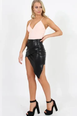 Rebellious Fashion Black Faux Leather Asymmetric Skirt - Elana