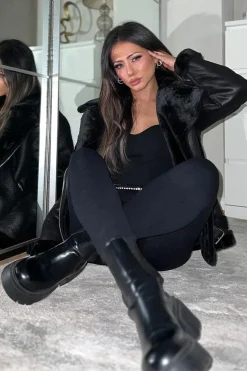 Rebellious Fashion Black Faux Leather Aviator Jacket - Juniper