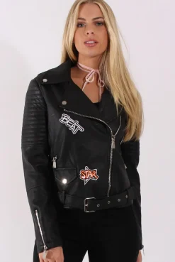 Rebellious Fashion Black Faux Leather Badge Biker Jacket - Fay