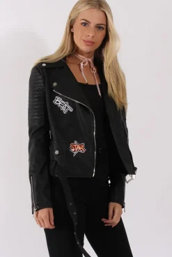 Rebellious Fashion Black Faux Leather Badge Biker Jacket - Fay
