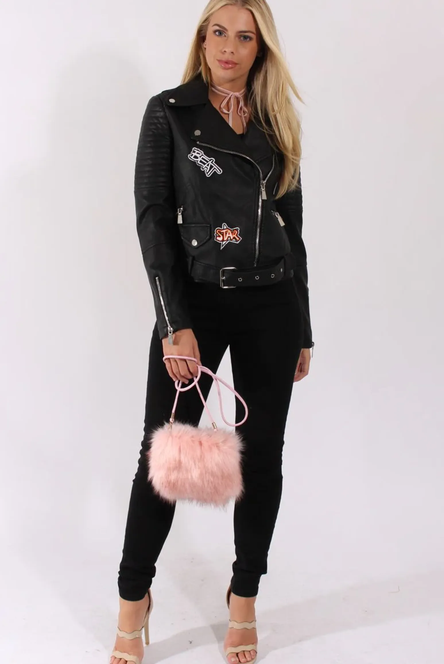 Rebellious Fashion Black Faux Leather Badge Biker Jacket - Fay