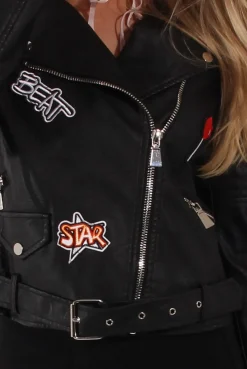 Rebellious Fashion Black Faux Leather Badge Biker Jacket - Fay
