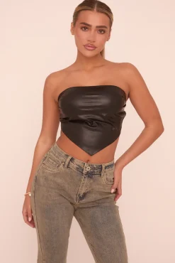 Rebellious Fashion Black Faux Leather Bandeau Backless Cropped Top - Demya