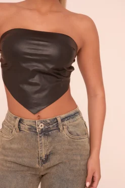 Rebellious Fashion Black Faux Leather Bandeau Backless Cropped Top - Demya