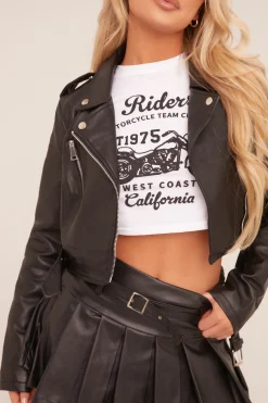 Rebellious Fashion Black Faux Leather Basic Biker Jacket - Claire