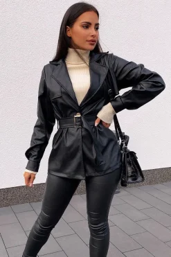 Rebellious Fashion Black Faux Leather Belted Blazer Jacket - Lissa