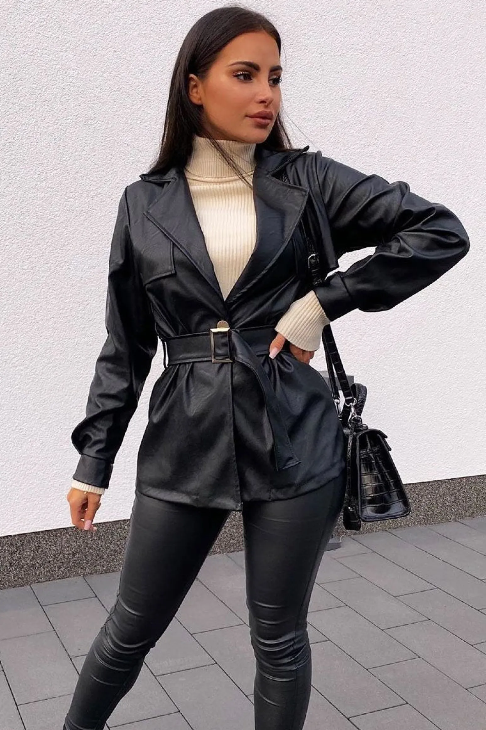 Rebellious Fashion Black Faux Leather Belted Blazer Jacket - Lissa