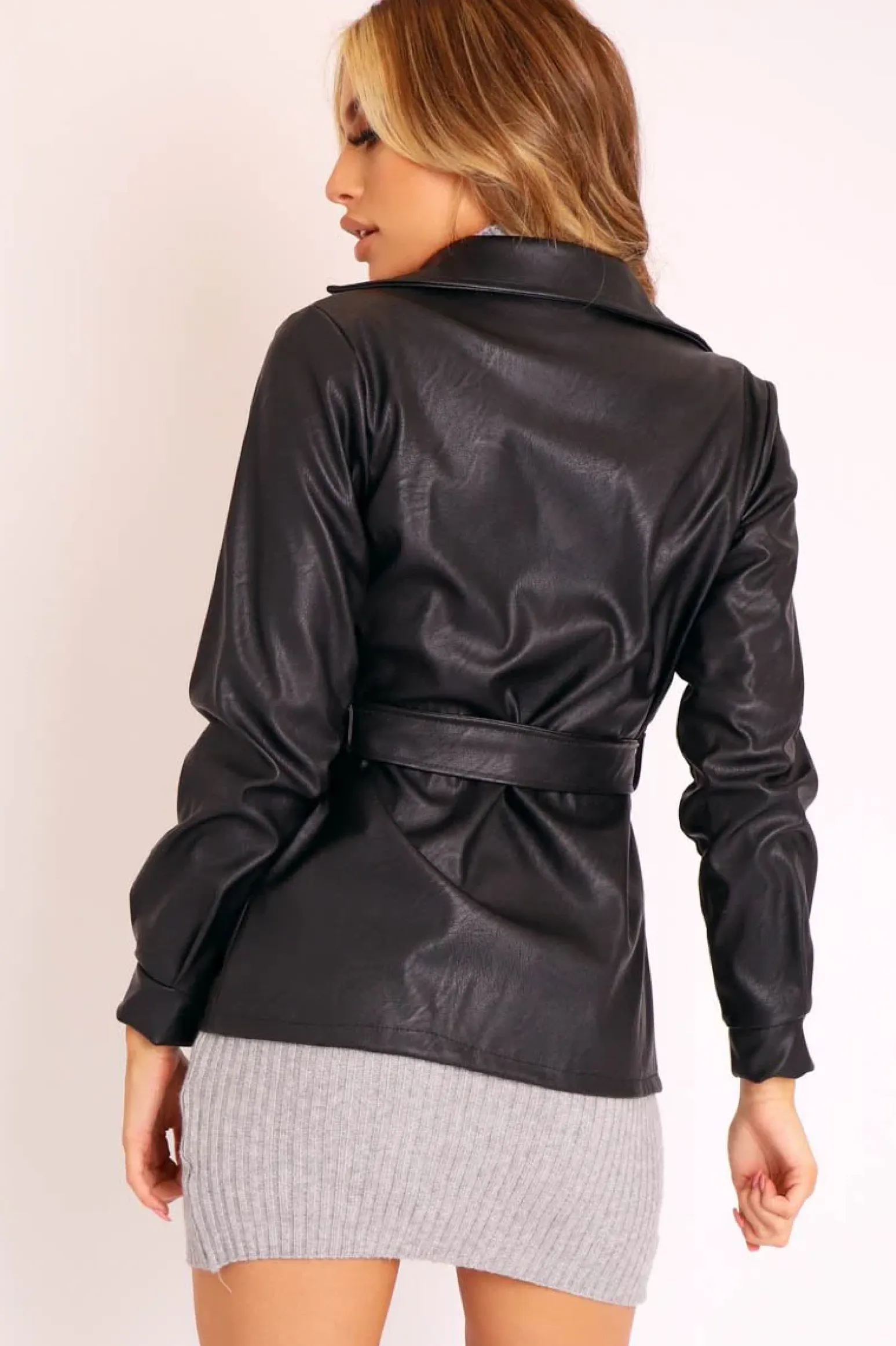 Rebellious Fashion Black Faux Leather Belted Blazer Jacket - Lissa