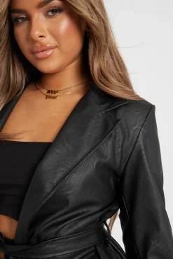 Rebellious Fashion Black Faux Leather Belted Jacket - Myani