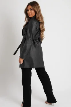 Rebellious Fashion Black Faux Leather Belted Jacket - Myani