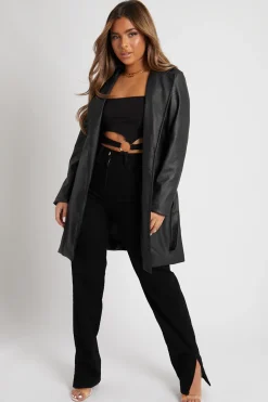 Rebellious Fashion Black Faux Leather Belted Jacket - Myani