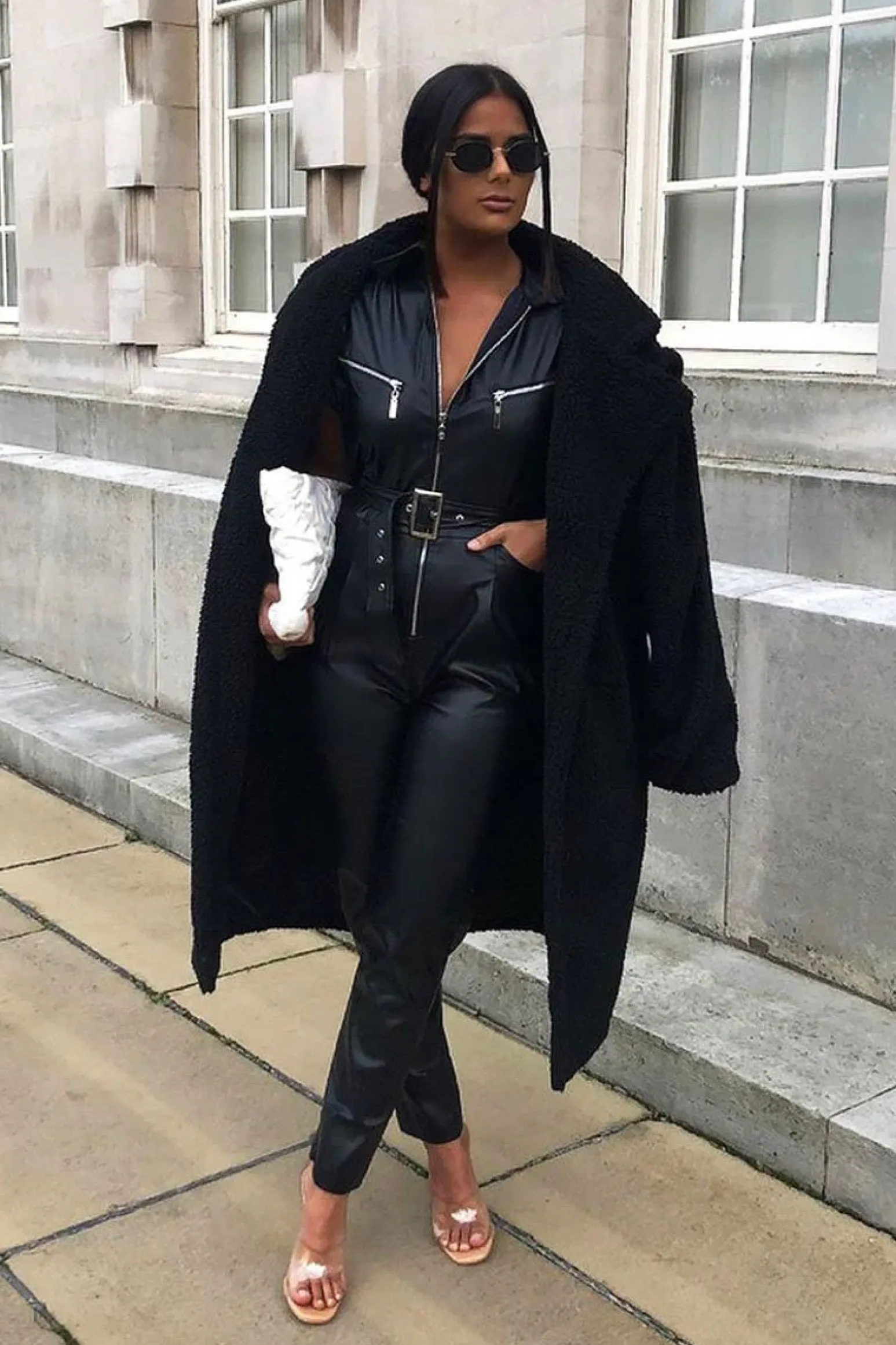 Rebellious Fashion Black Faux Leather Belted Short Sleeve Jumpsuit - Ryenne