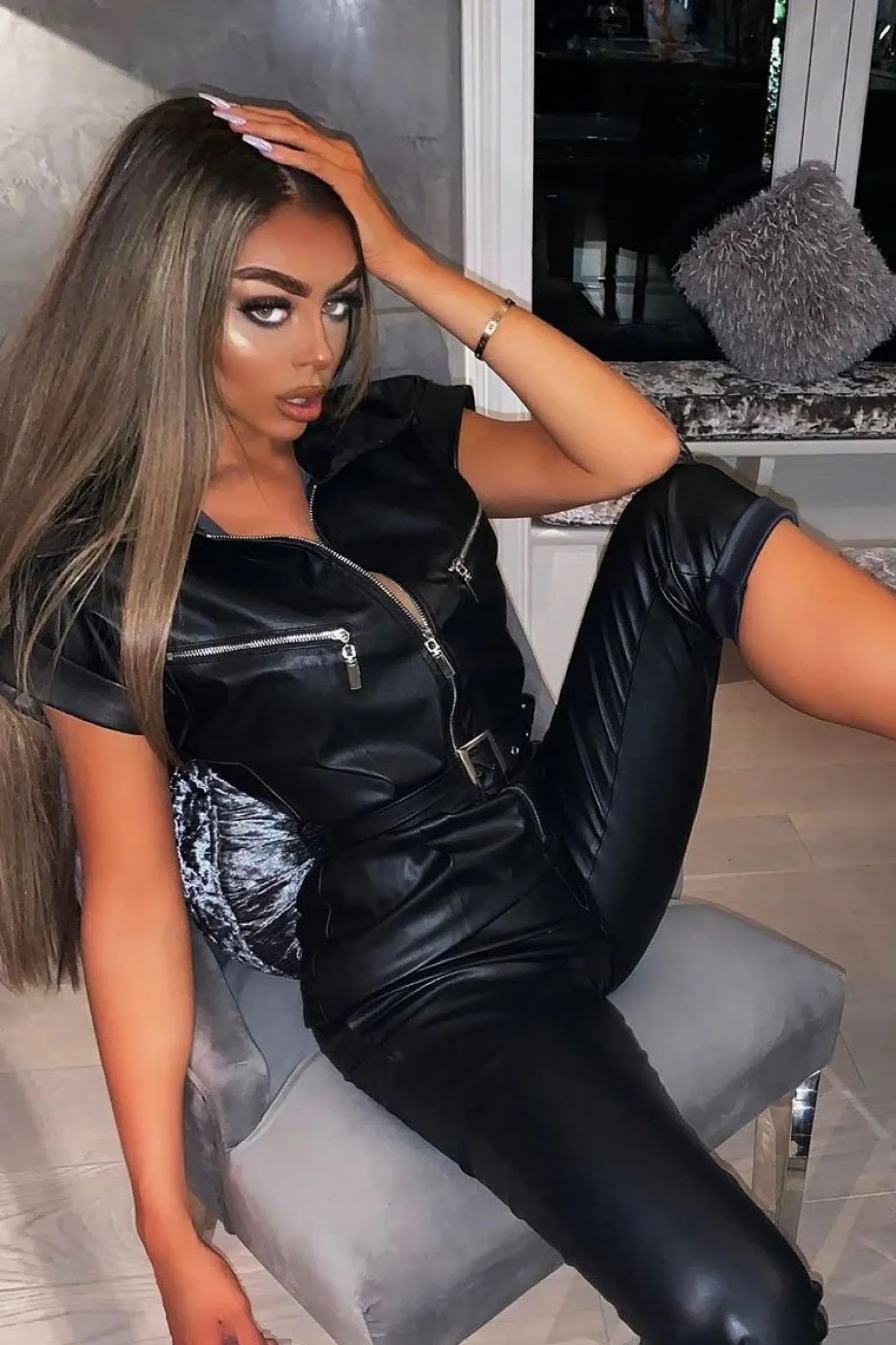 Rebellious Fashion Black Faux Leather Belted Short Sleeve Jumpsuit - Ryenne