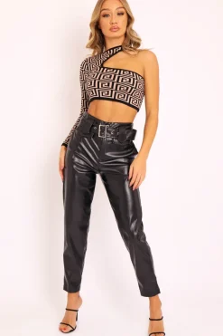 Rebellious Fashion Black Faux Leather Belted Straight Leg Trousers - Jamese