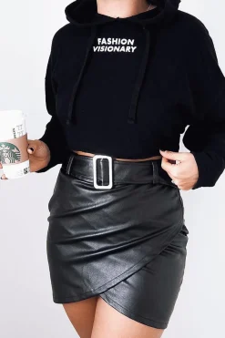 Rebellious Fashion Black Faux Leather Belted Wrap Mini Skirt - Skye